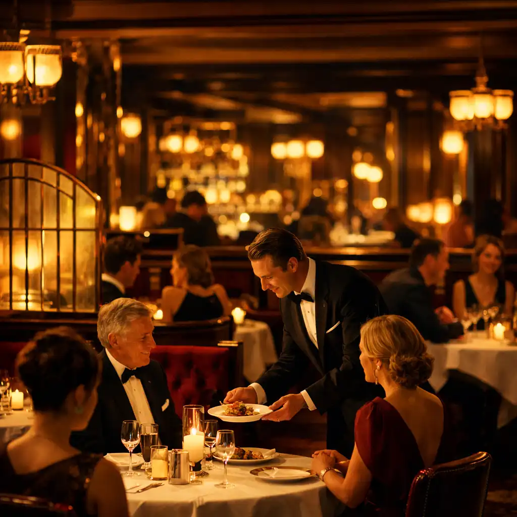 Luksusowe wnętrze restauracji nocą